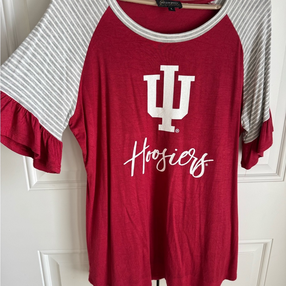 Indiana University Hoosiers Raglan Ruffle Tee - Crimson with Gray Stripe Sleeves